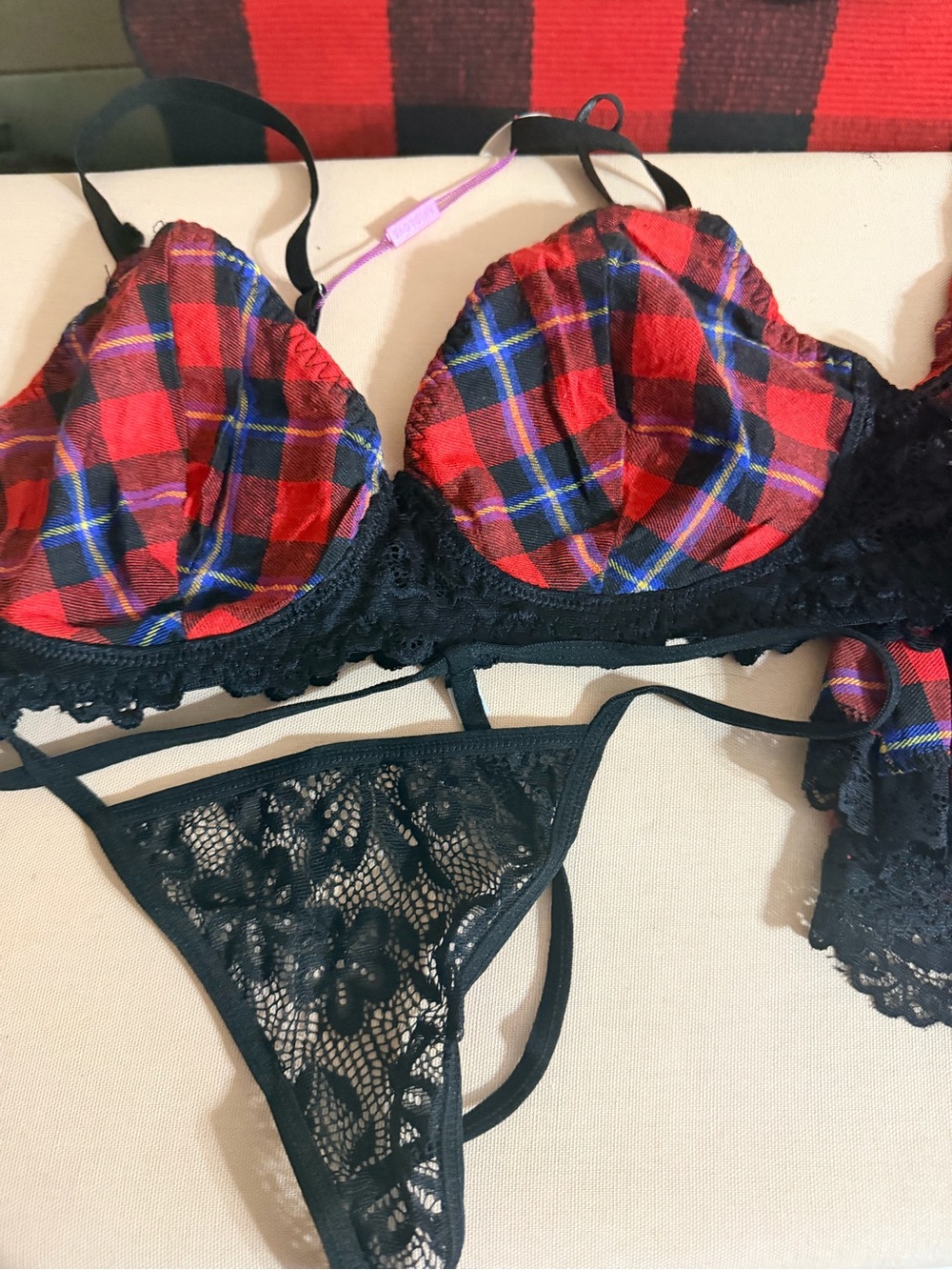 Plaid Red Lace-Trim Bra & Lace Thong Set - Women Intimates